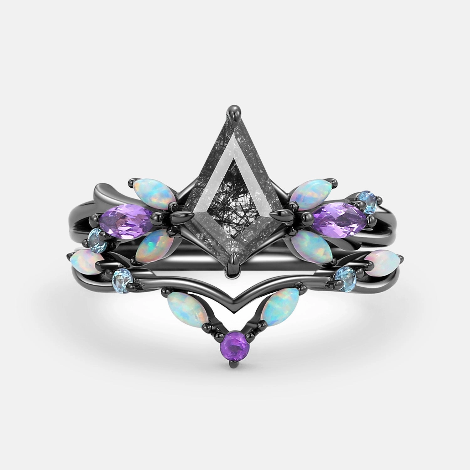 Black Rutilated Quartz & Opal & Amethyst Unique Engagement Ring Set 2pcs - Bella Pure Balance