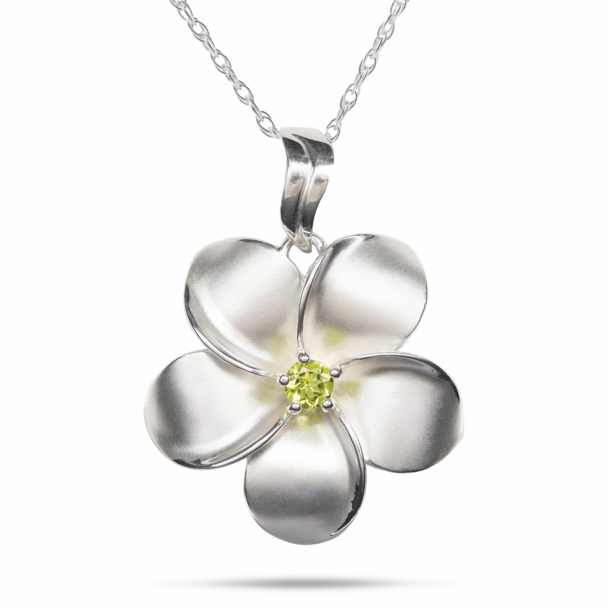 18" Plumeria Peridot Necklace in Sterling Silver - 28mm Contemporary Feature Cool Layer