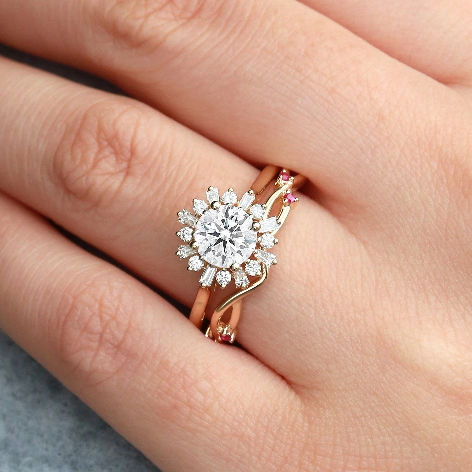 Round Moissanite & Ruby Halo Floral Ring Set 2pcs - Sol Impeccable Touch Casual Combo