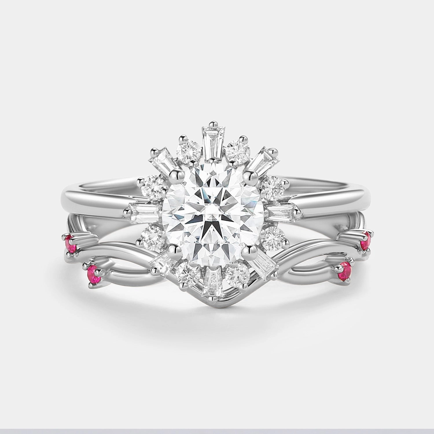 Round Moissanite & Ruby Halo Floral Ring Set 2pcs - Sol Glam Focus Smooth Spark