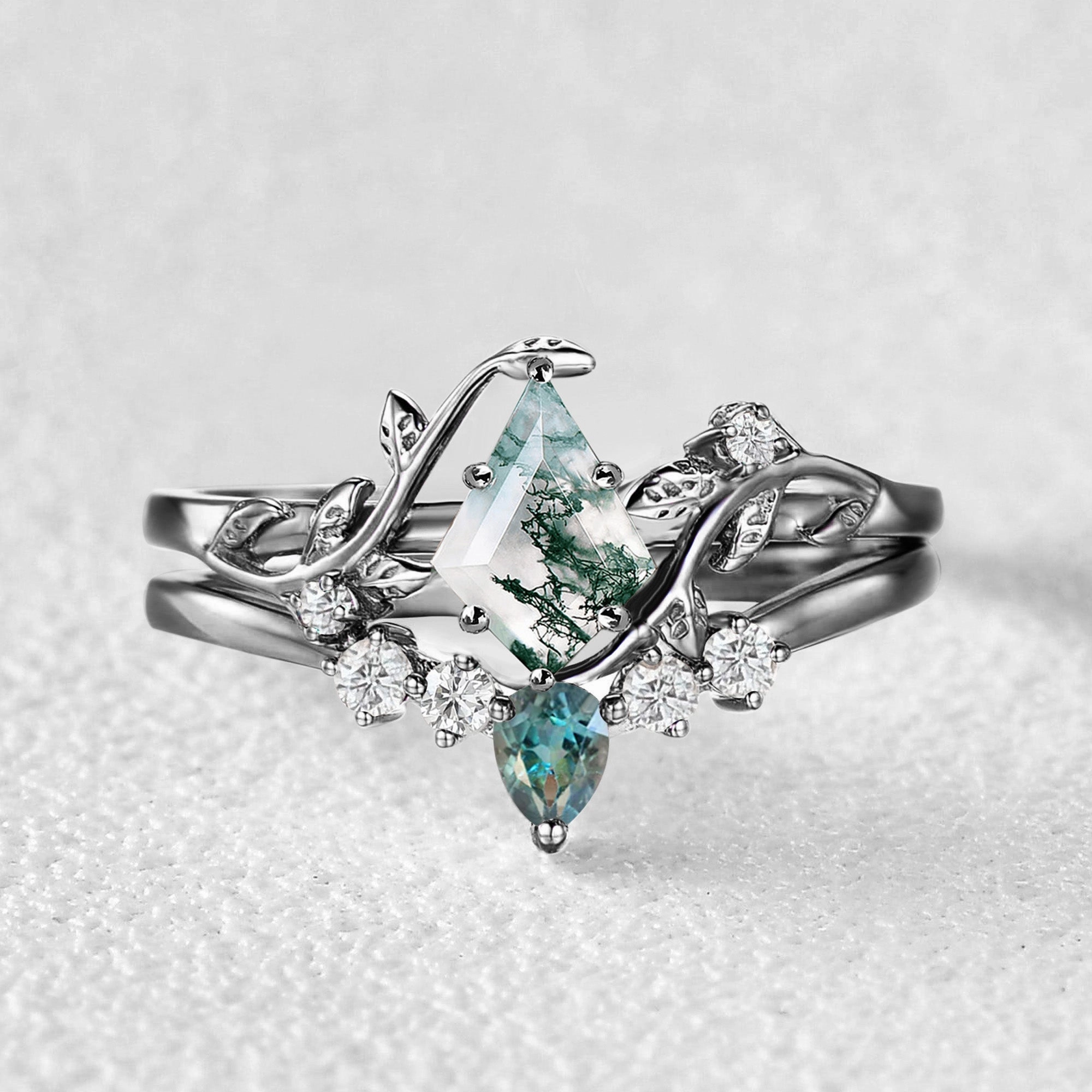 Black Gold Moss Agate & Teal Sapphire Leafy Ring Sets 2pcs - Willow Debossed Logo