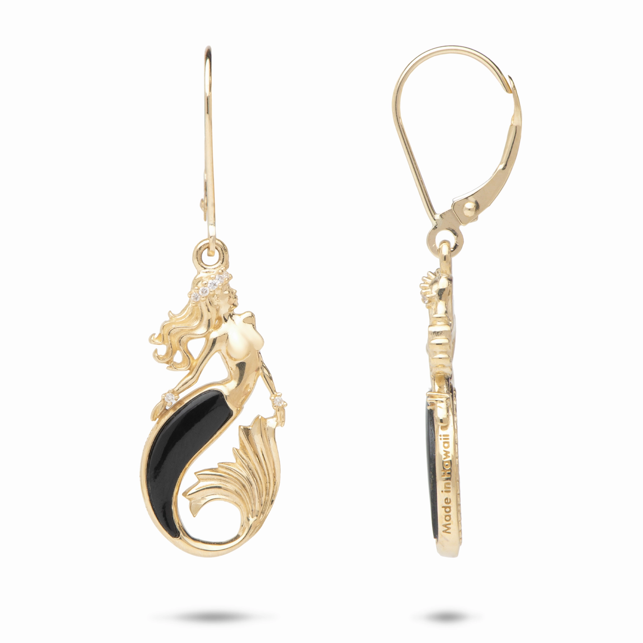 Sealife Mermaid Black Coral Earrings in Gold with Diamonds - 22mm Daily Essential Smooth Detail