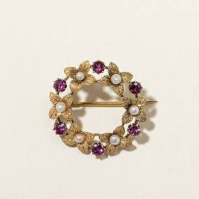 Pink Tourmaline & Pearl Wreath Brooch | 0.40ctw Golden Tone Sophisticated Jewelry