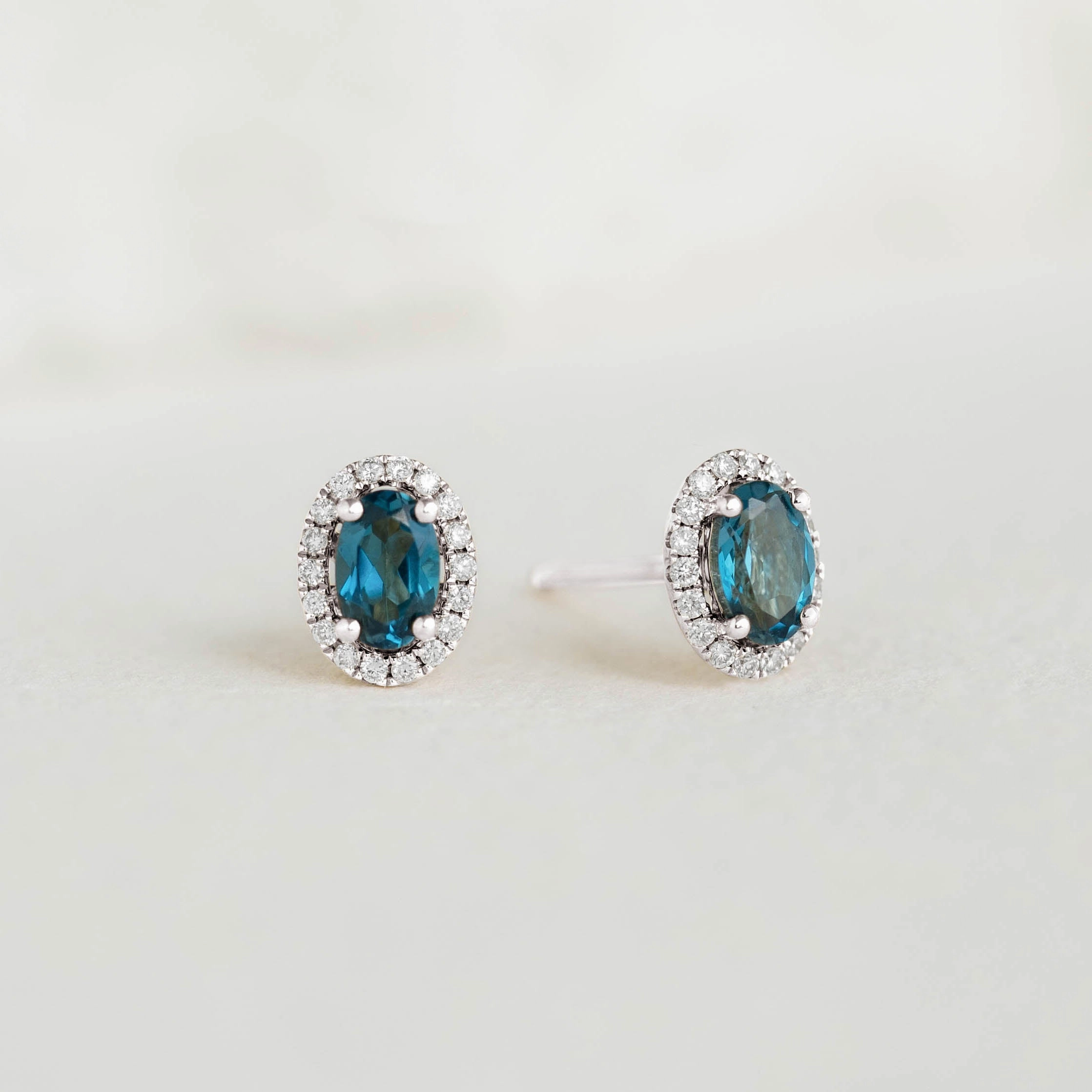London Blue Topaz Halo Stud Earrings White Gold - Marzia Runway Inspired Luxury Ready