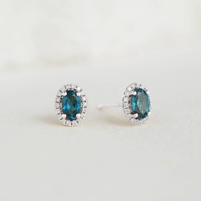 Luxe Mood Trendy Gift London Blue Topaz Halo Stud Earrings White Gold - Marzia