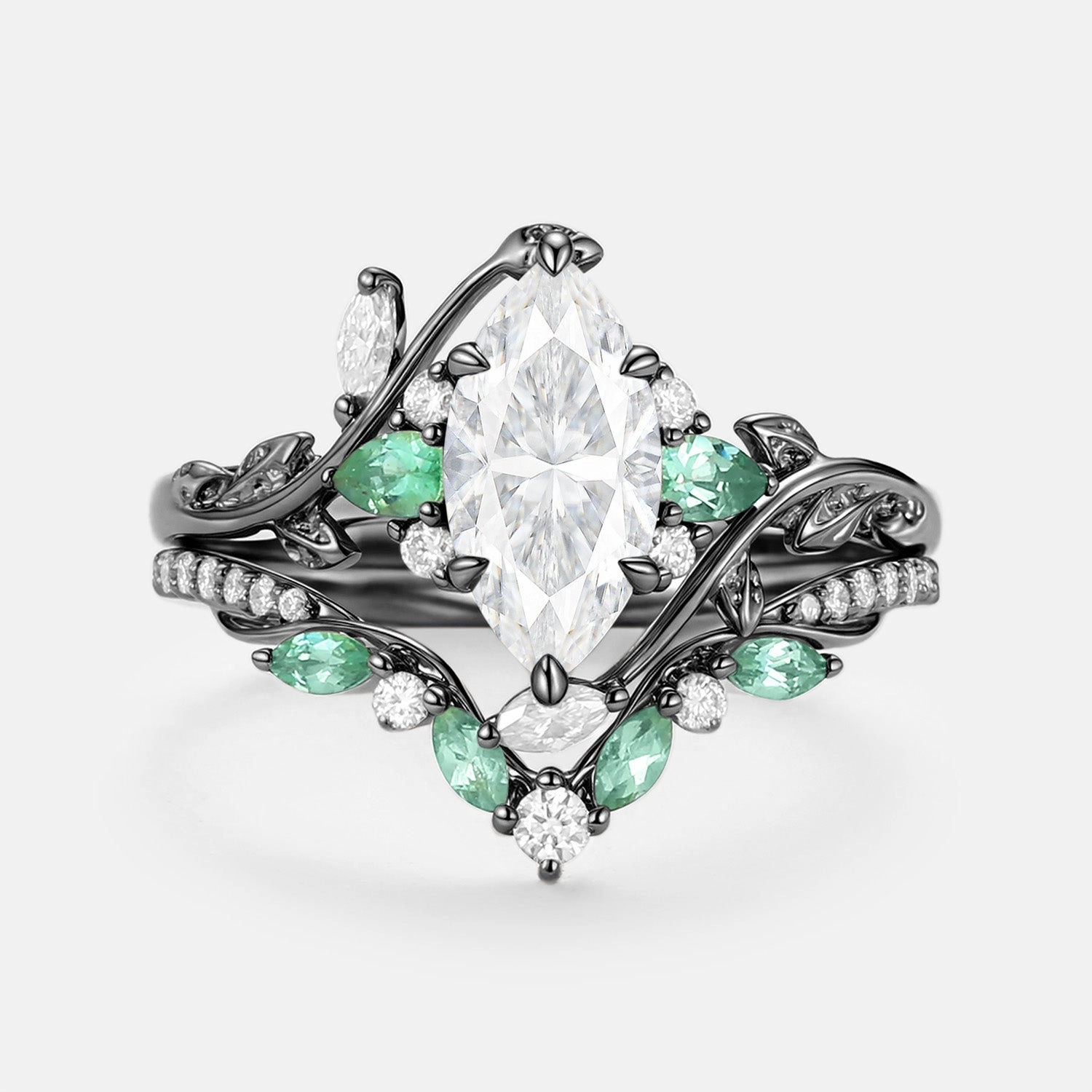 Fashion Statements Formal Style Moissanite Leafy Vintage Marquise Engagement Ring Set 2pcs - Lime