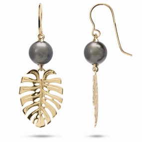 Distinctive Style Pieces Fresh Edge Monstera Tahitian Black Pearl Earrings in Gold - 23mm