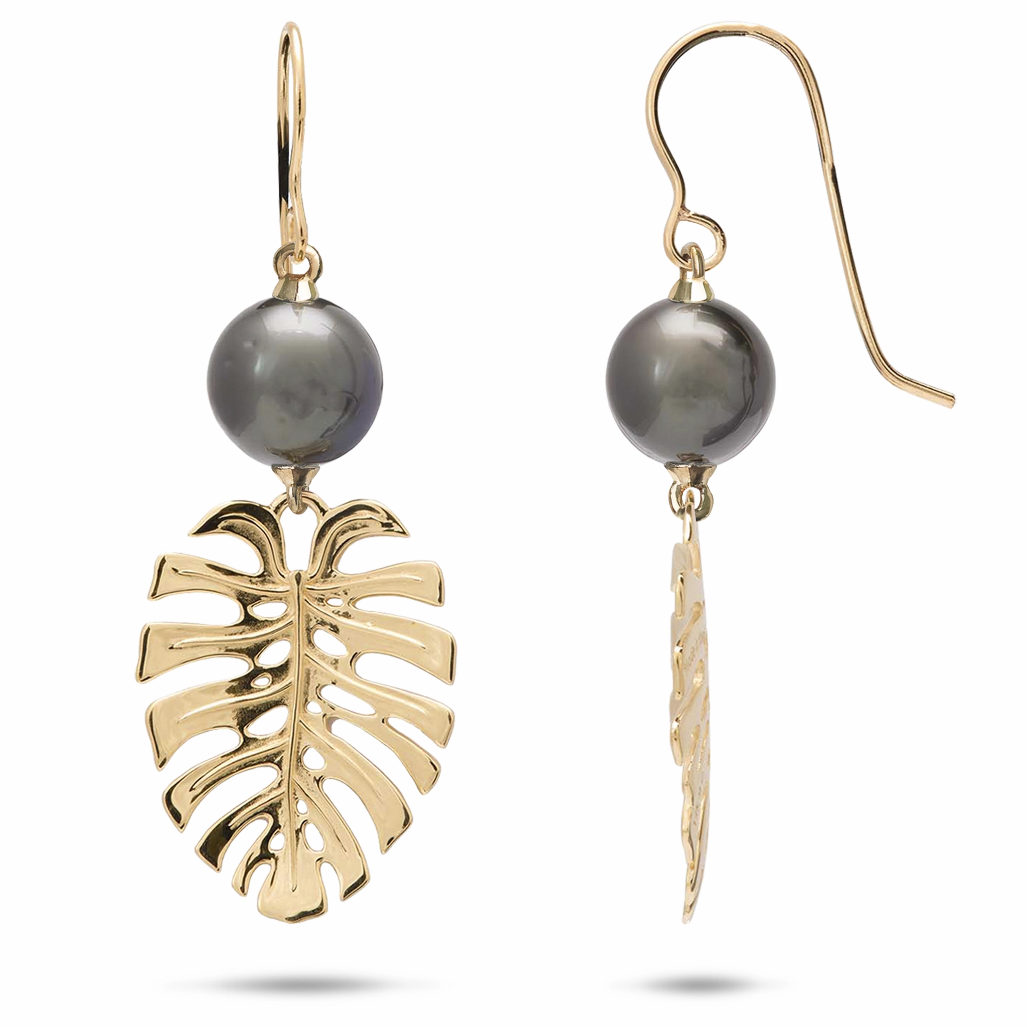 Monstera Tahitian Black Pearl Earrings in Gold - 23mm Classic Style