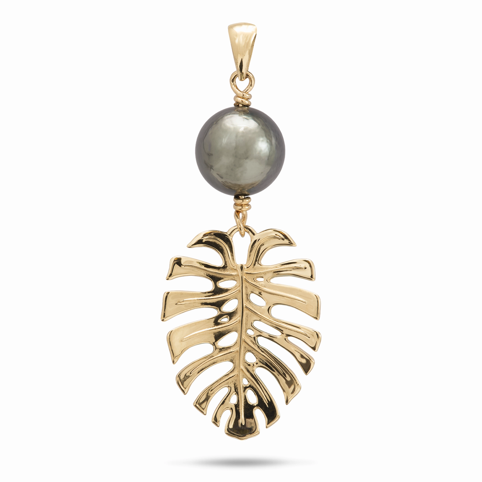Romantic Feature Monstera Tahitian Black Pearl Pendant in Gold - 23mm