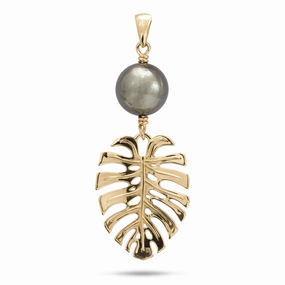 Monstera Tahitian Black Pearl Pendant in Gold - 23mm Versatile Fit Minimal Accent