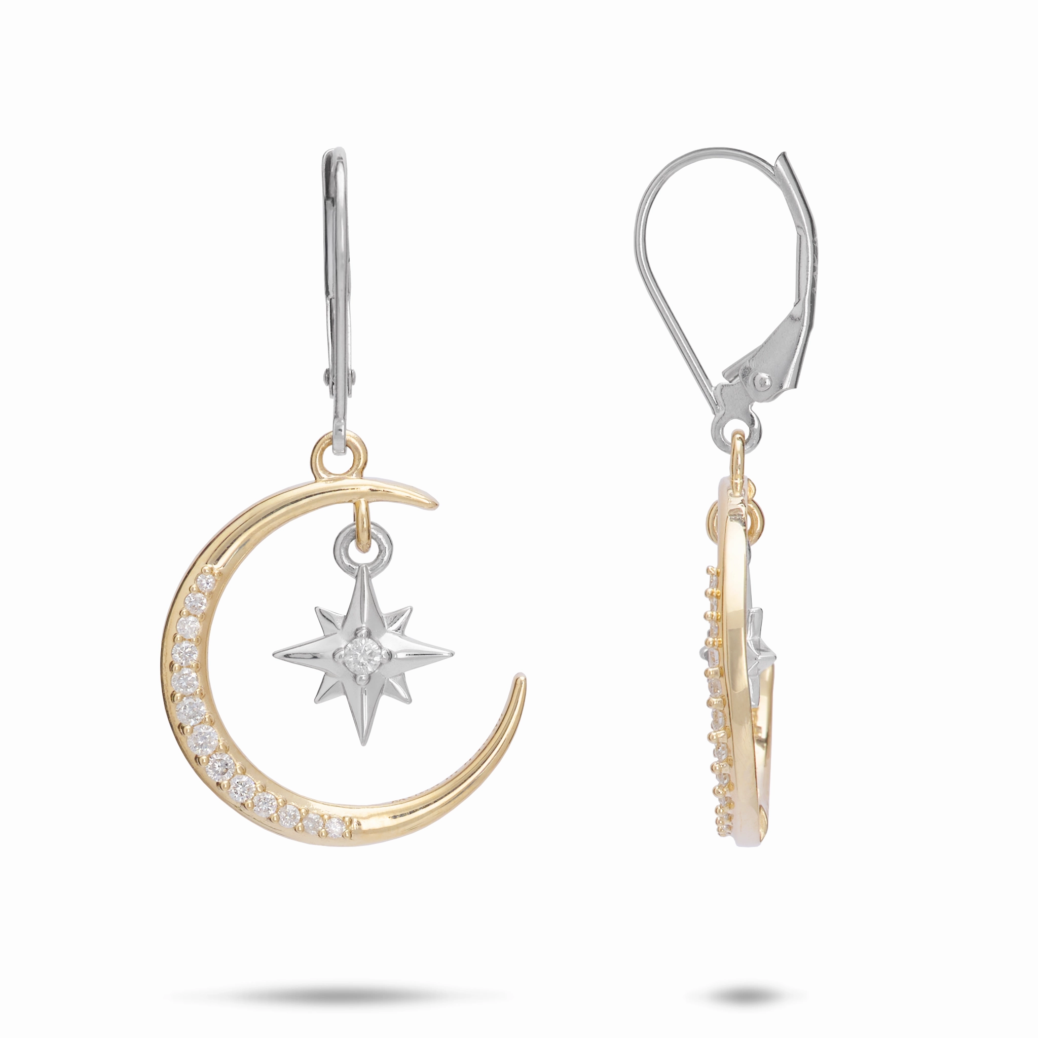 Moon & Star Mermaid Earrings in Two Tone Gold with Diamonds Glossy Touch