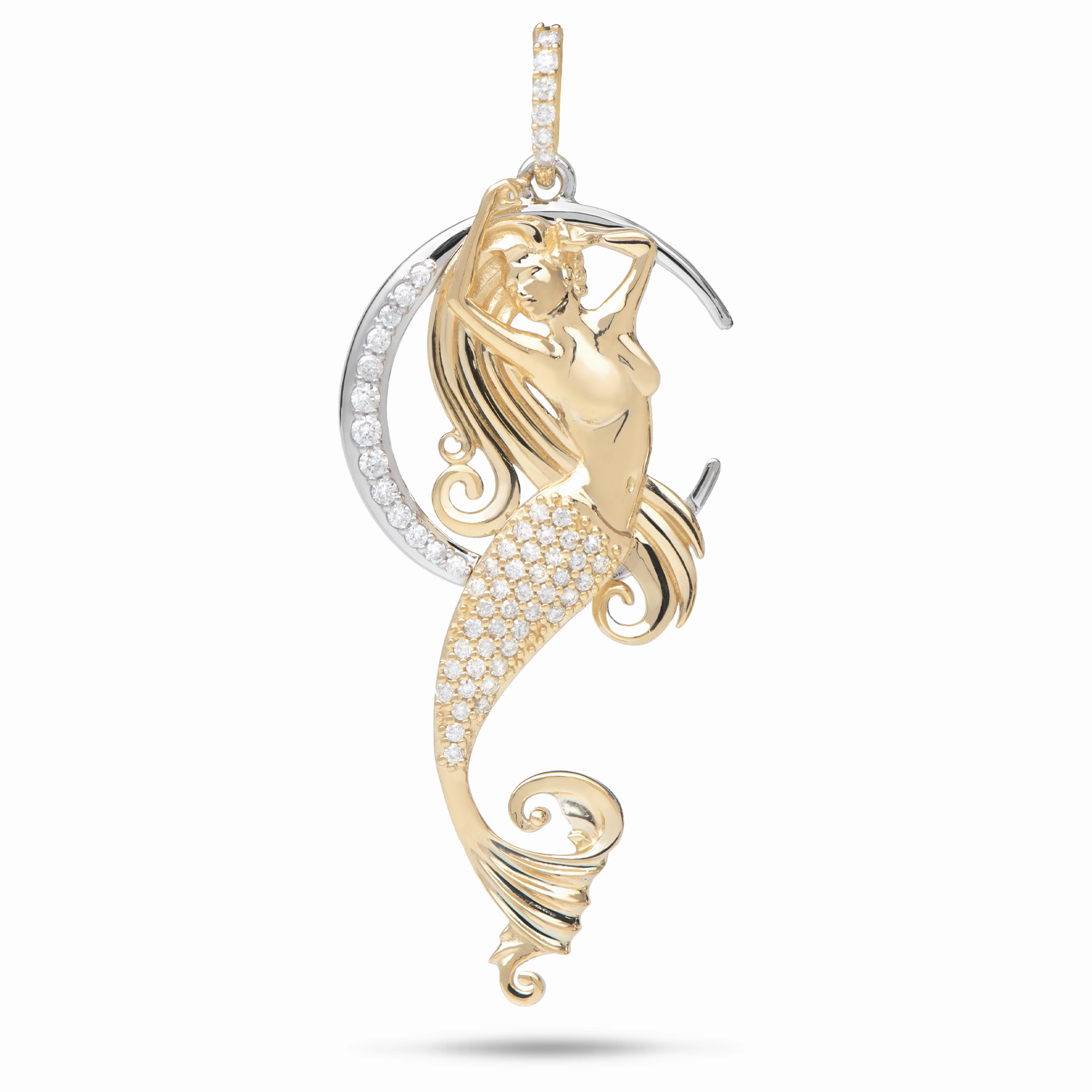Glossy Look Moon Mermaid Pendant in Two Tone Gold with Diamonds - 42mm