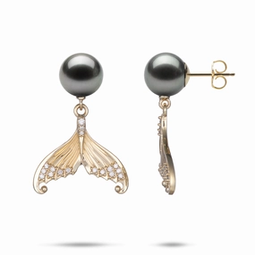 Stylish Detail Moon Mermaid Tail Tahitian Black Pearl Earrings in Gold with Diamonds - 9-10mm
