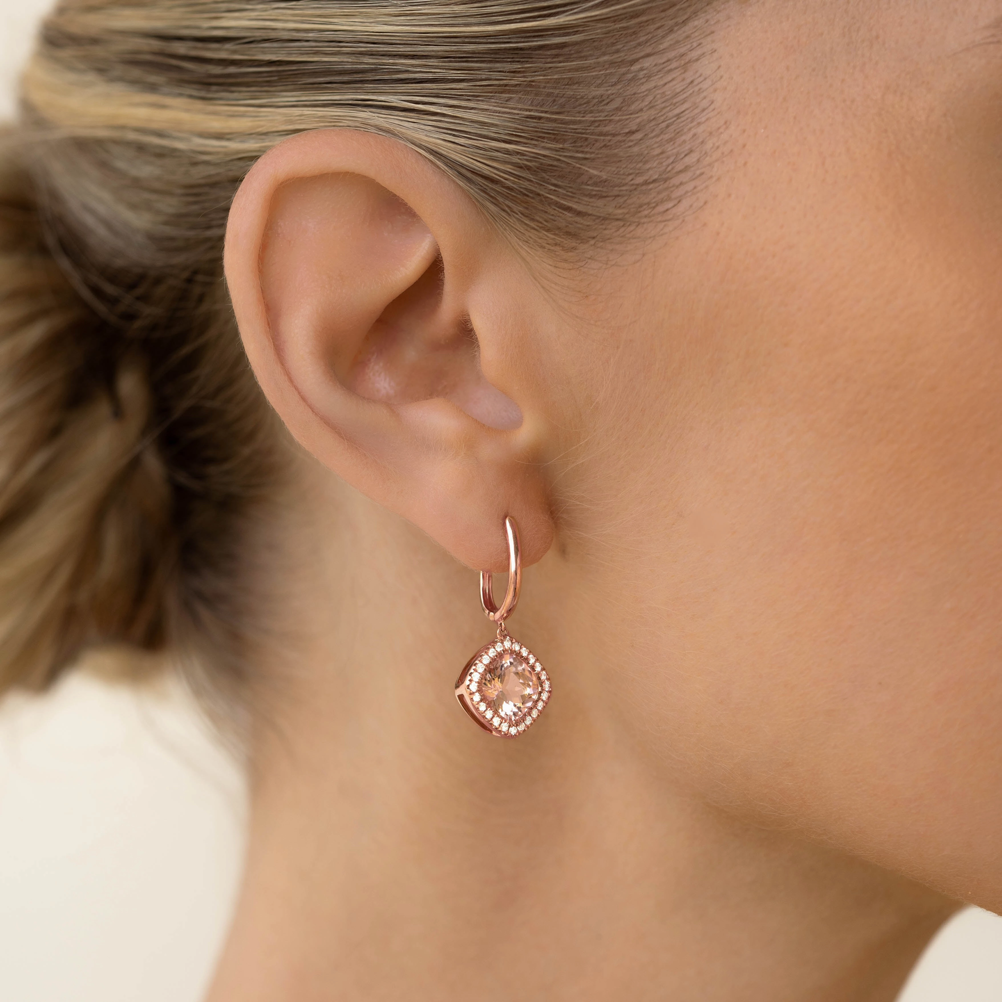 Radiant Spark Unique Accessories Morganite and Diamond Halo Drop Earrings Rose Gold - Elvira