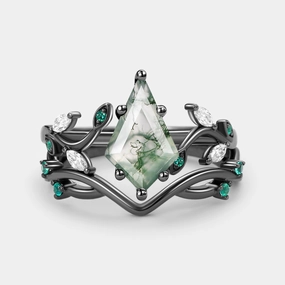 Moss Agate & Emerald Unique Engagement Ring Set 2pcs Affordable Work