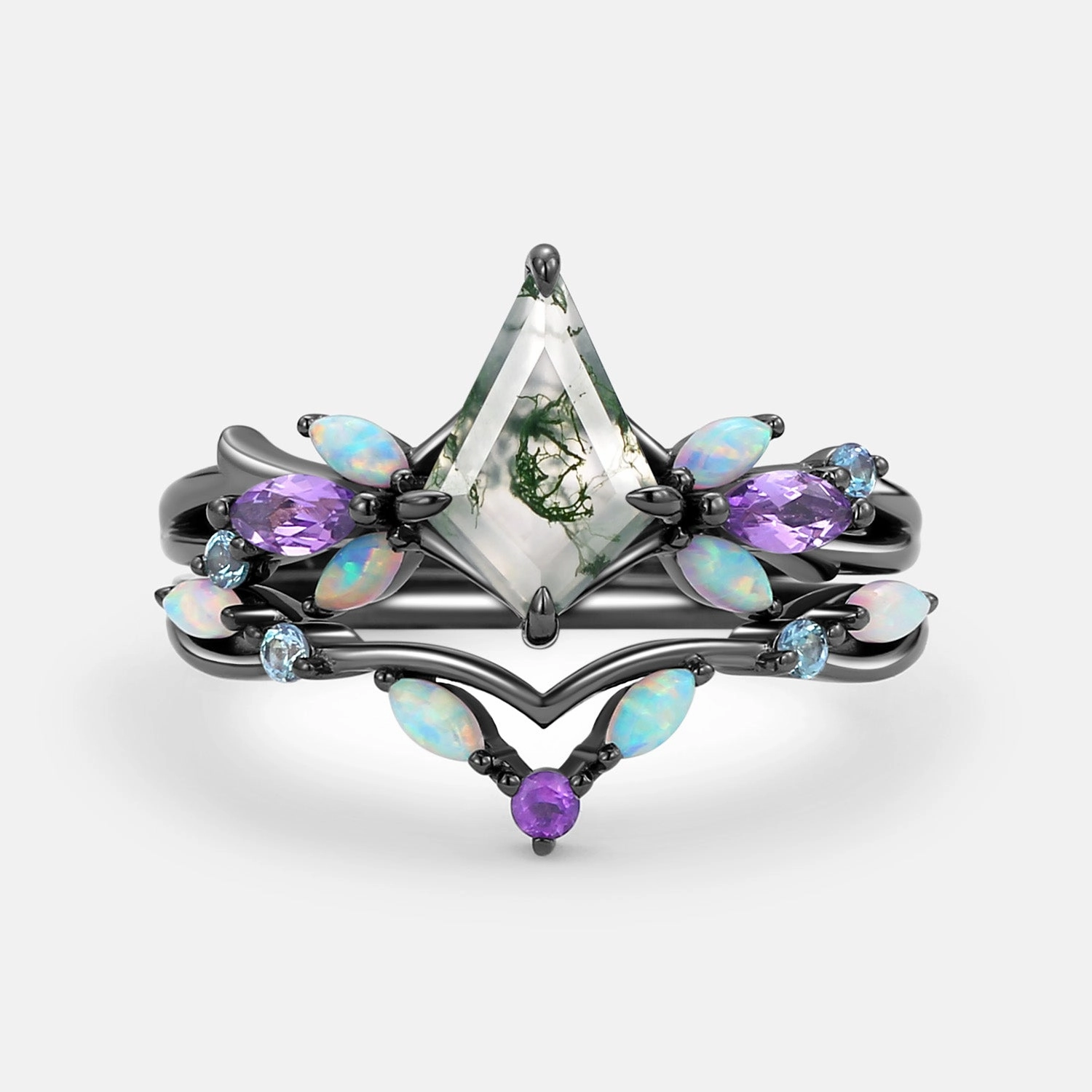 Moss Agate & Opal & Amethyst Unique Engagement Ring Set 2pcs - Bella Fashionable Piece Modern Insignia