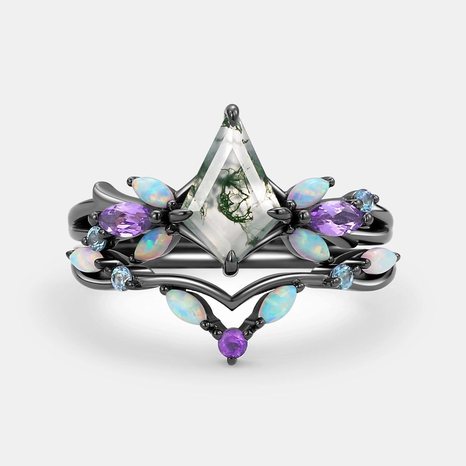 Straight Edge Moss Agate & Opal & Amethyst Unique Engagement Ring Set 2pcs - Bella