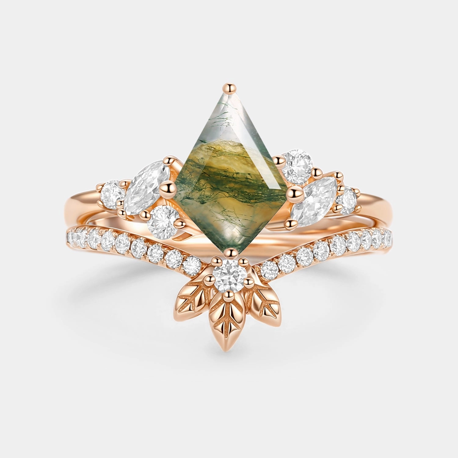 Moss Agate Kite Cut  Leafy Engagement Ring Set 2pcs - Florine Premium Detail