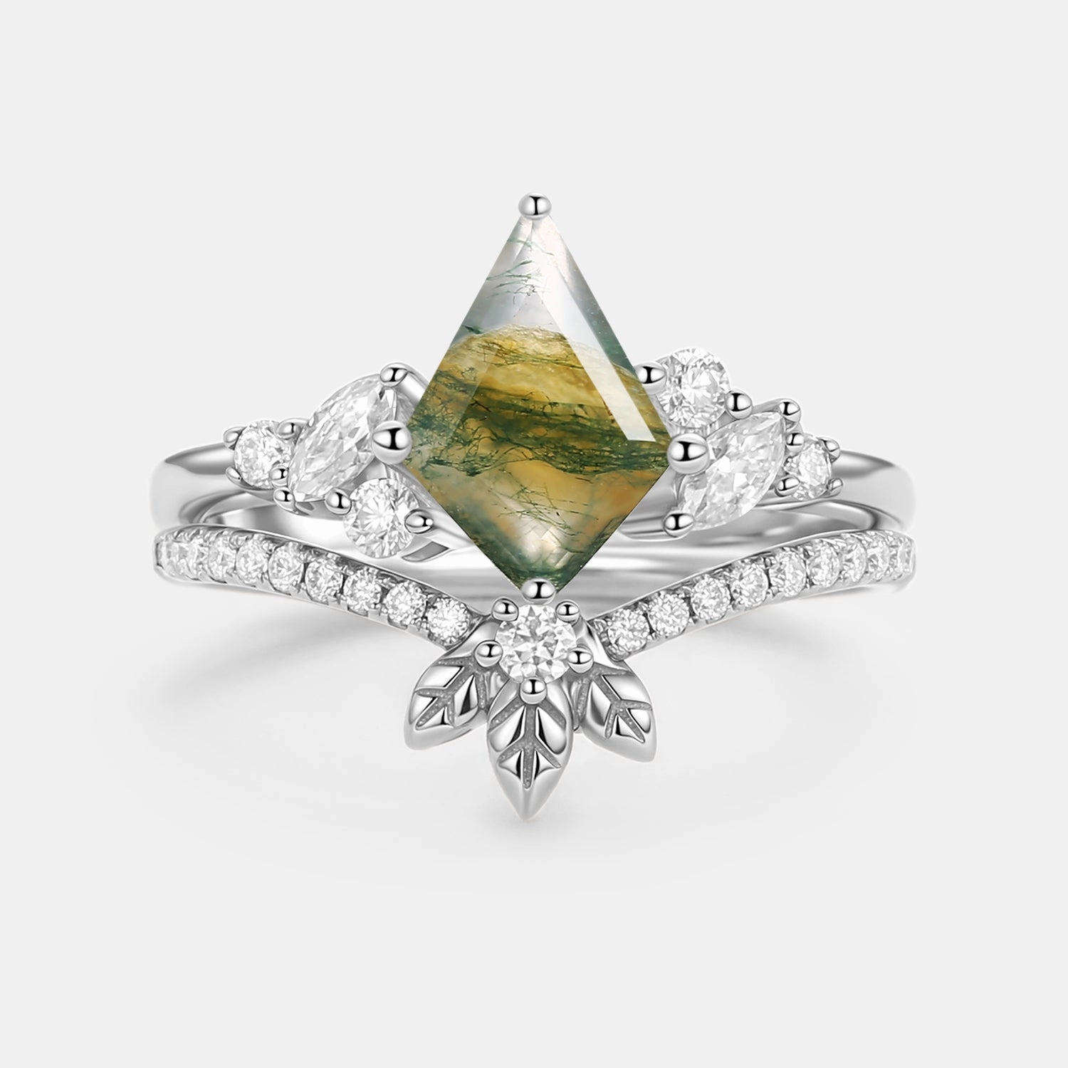 Moss Agate Kite Cut  Leafy Engagement Ring Set 2pcs - Florine Chic Glam