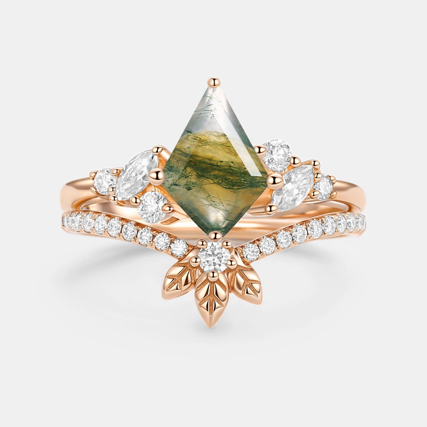 Luminous Highlight Moss Agate Kite Cut  Leafy Engagement Ring Set 2pcs - Florine