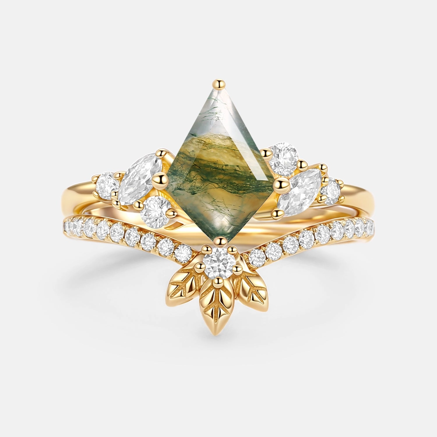 Moss Agate Kite Cut  Leafy Engagement Ring Set 2pcs - Florine Bold Design Chic Style