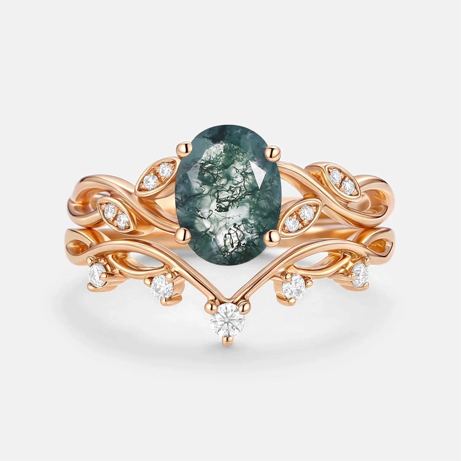 Moss Agate Oval Cut Leaf Ring Set 2pcs - Eiryn Bold piece Glistening Finish