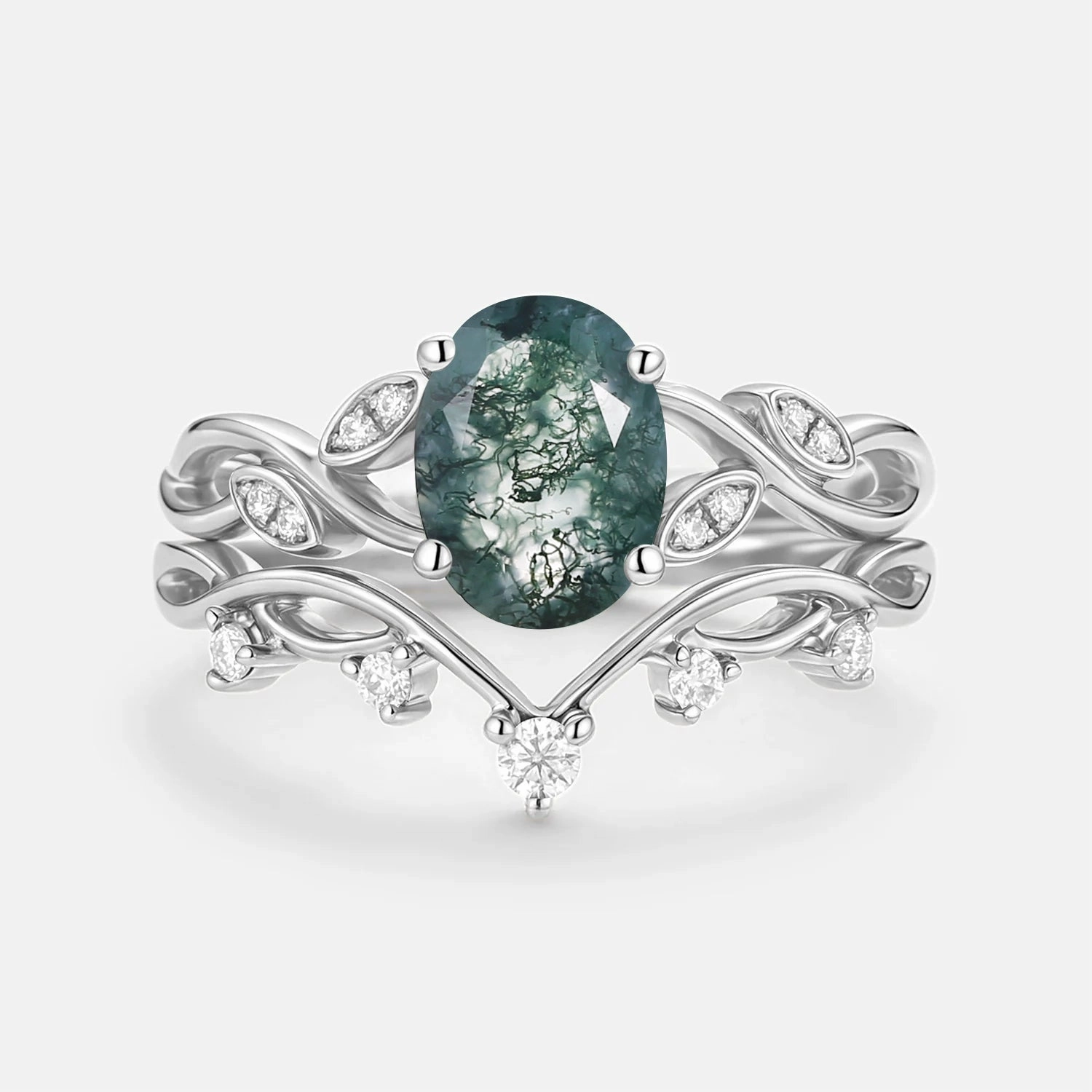 Modern Edge Captivating Form Moss Agate Oval Cut Leaf Ring Set 2pcs - Eiryn