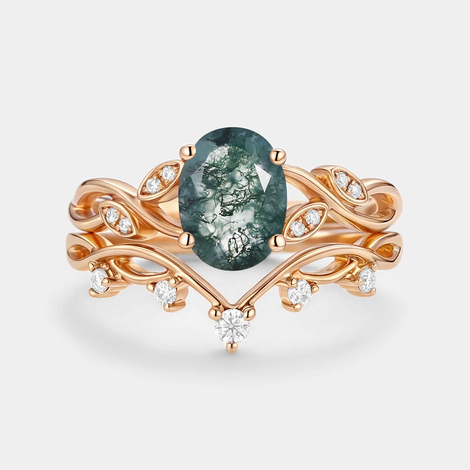 Moss Agate Oval Cut Leaf Ring Set 2pcs - Eiryn Dynamic Highlight