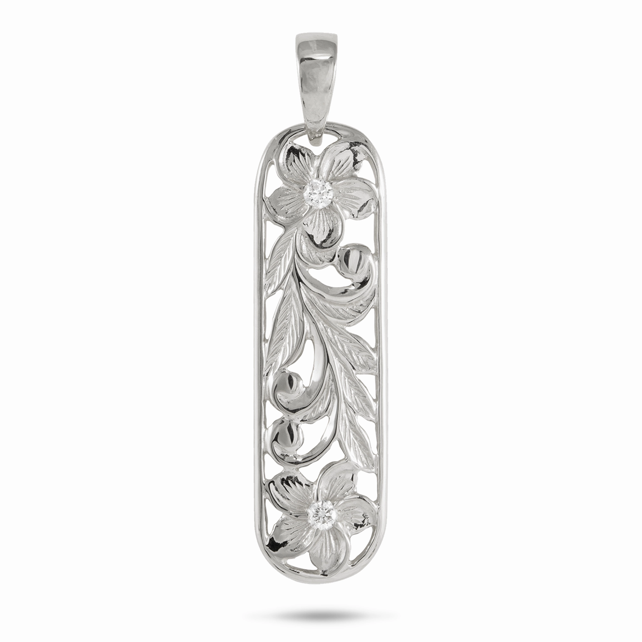 Hawaiian Heirloom Plumeria Pendant in White Gold with Diamonds - 38mm Glow Up Look Gloss Appeal