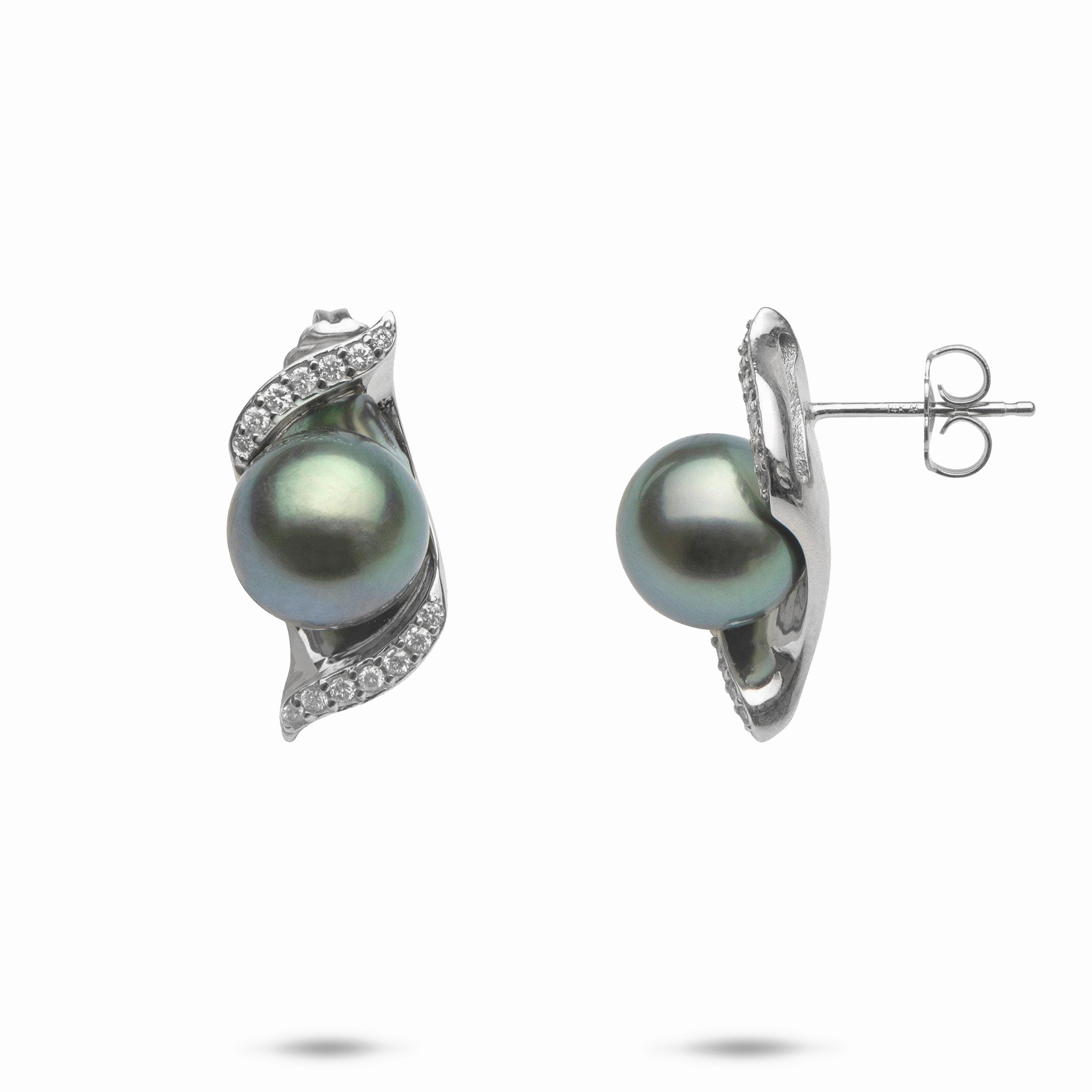 Nalu Tahitian Black Pearl Earrings in White Gold with Diamonds - 9-10mm Soft Shadow Artistic Touch