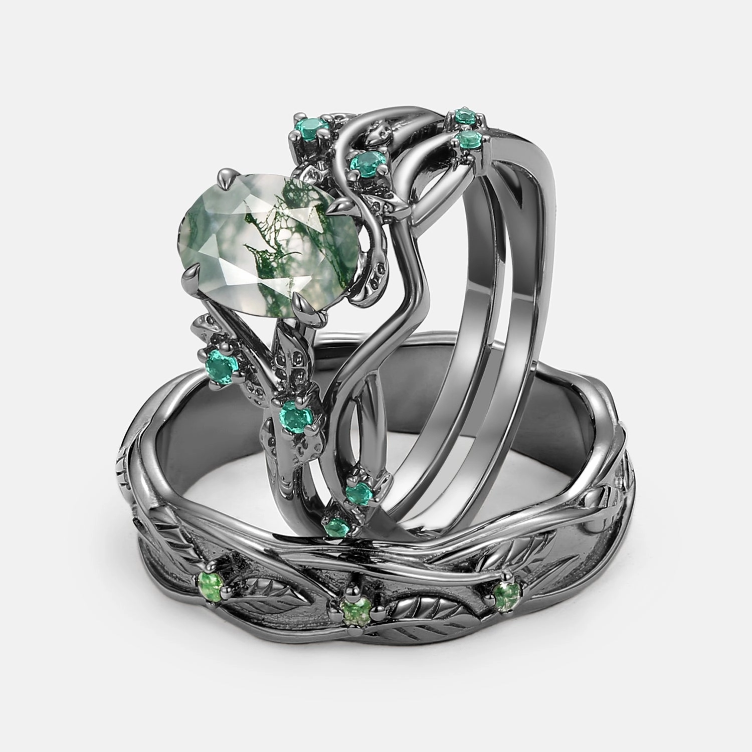 Seasonal Trend Fine Design Nature Inspired - Black Gold Moss Agate Couple Ring Set 3pcs - Mossy