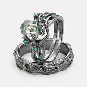 Seasonal Trend Fine Design Nature Inspired - Black Gold Moss Agate Couple Ring Set 3pcs - Mossy