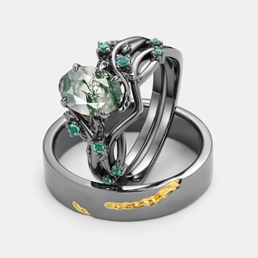 Analog Style Sentimental Craft Nature Inspired - Black Gold Moss Agate Leafy Couple Ring Set 3pcs - Mossy