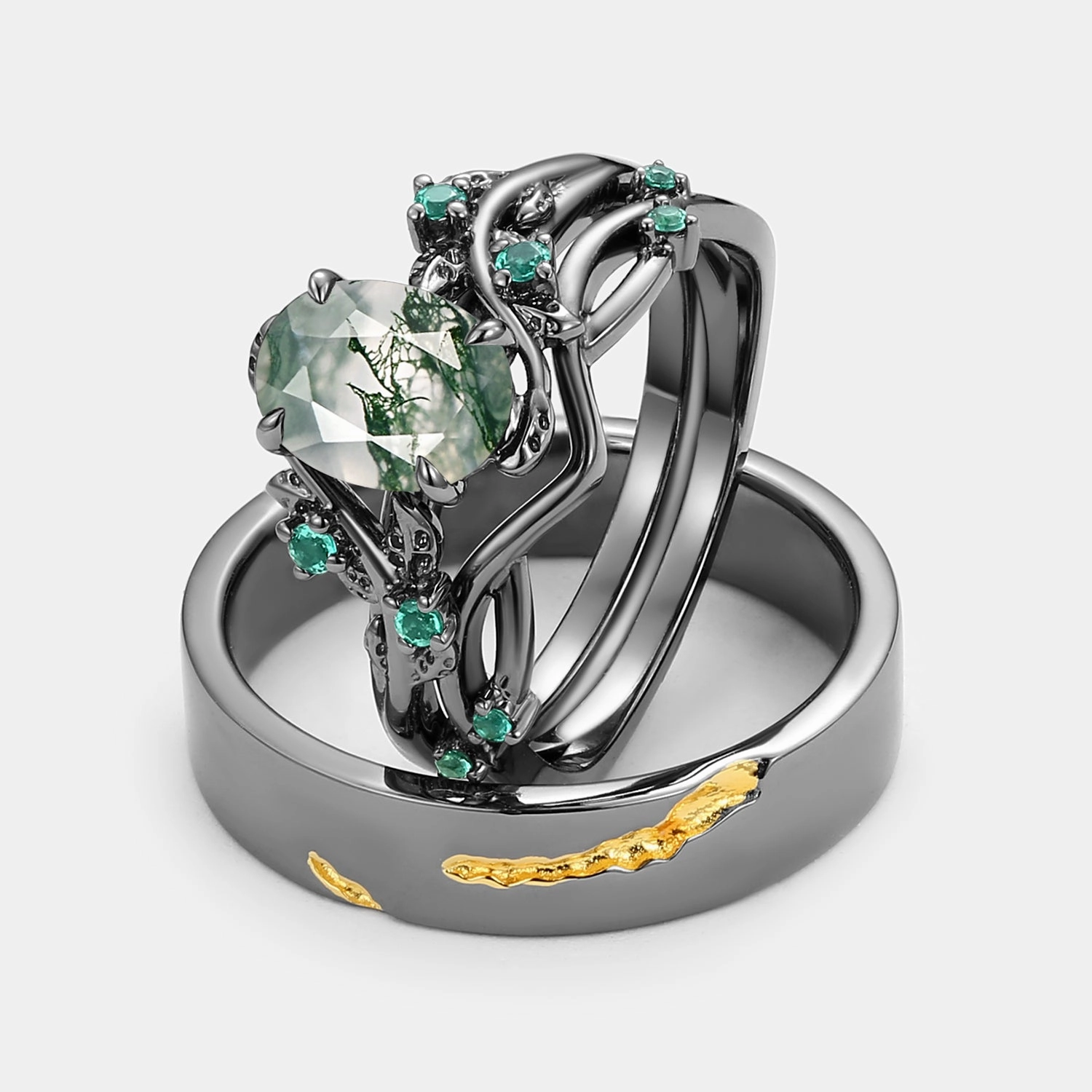 Nature Inspired - Black Gold Moss Agate Leafy Couple Ring Set 3pcs - Mossy Delicate Sign
