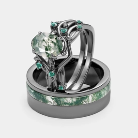 Vintage Gift Luxury Keepsake Nature Inspired - Black Gold Moss Agate Oval Cut Couple Ring Set 3pcs - Mossy