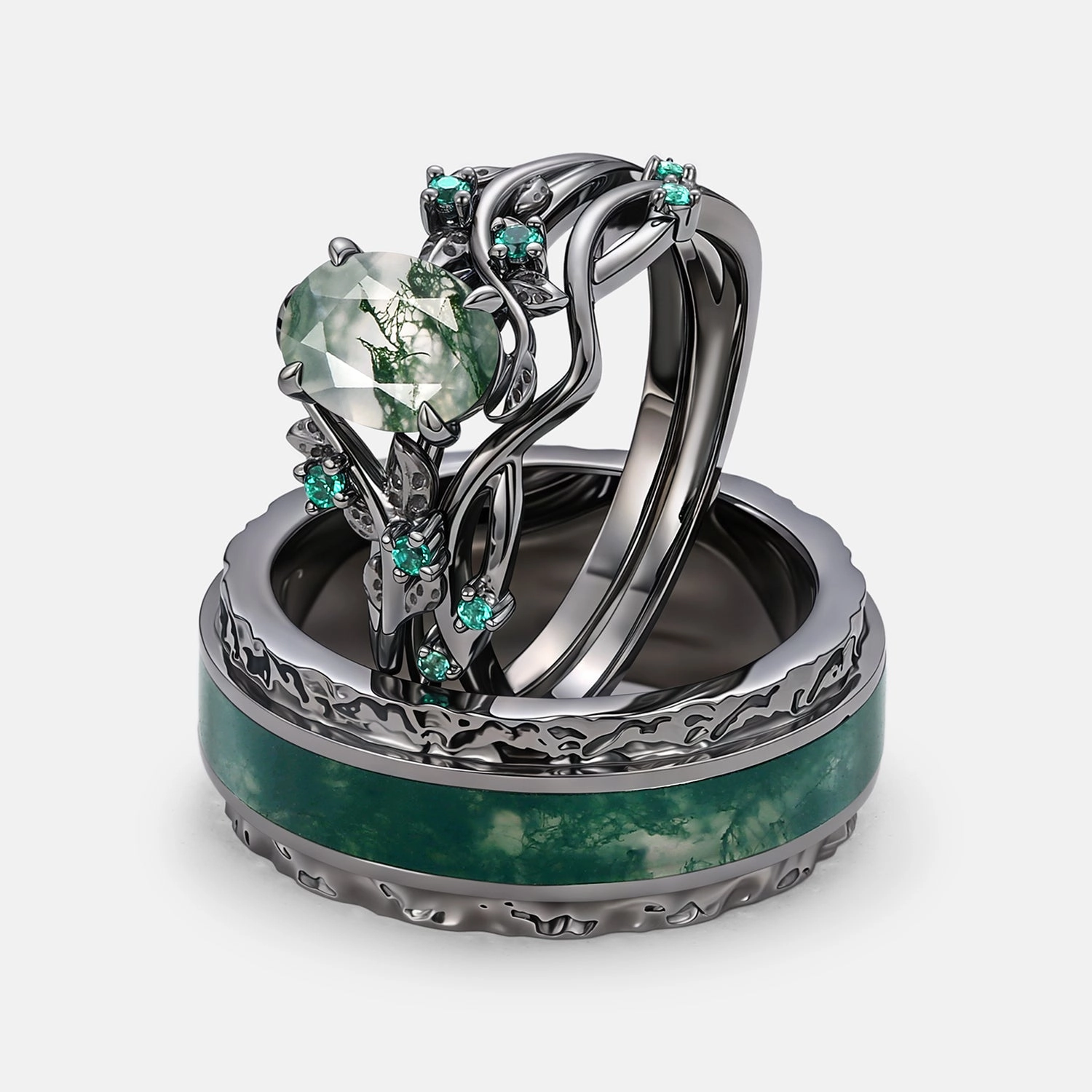 Nature Inspired - Black Gold Oval Moss Agate Leafy Couple Ring Set 3pcs - Mossy For Everyone