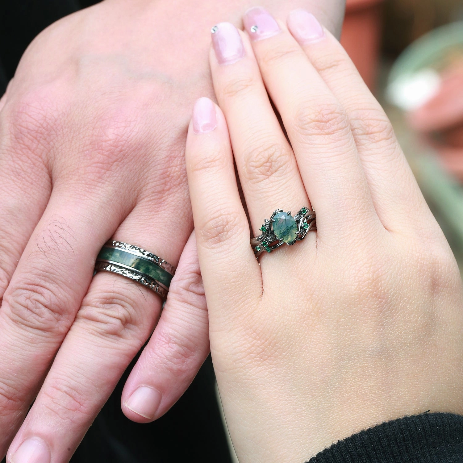 Nature Inspired - Black Gold Oval Moss Agate Leafy Couple Ring Set 3pcs - Mossy Weekend Ready Embossed Pattern