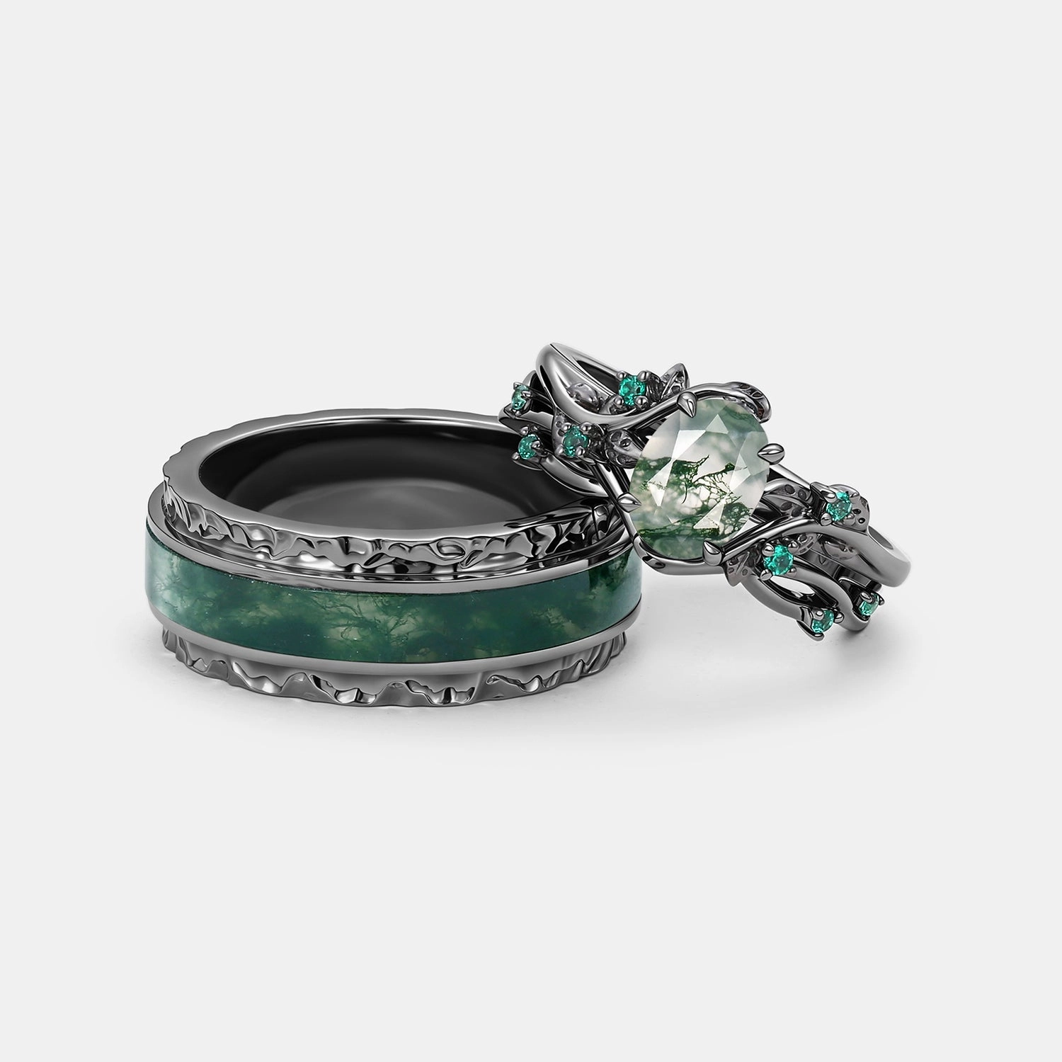 Bold Glint Nature Inspired - Black Gold Oval Moss Agate Leafy Couple Ring Set 3pcs - Mossy