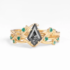 Nature Inspired - Kite Shaped Black Rutilated Quartz Leafy Ring Set 2pcs - Mossy Hypoallergenic Symbol