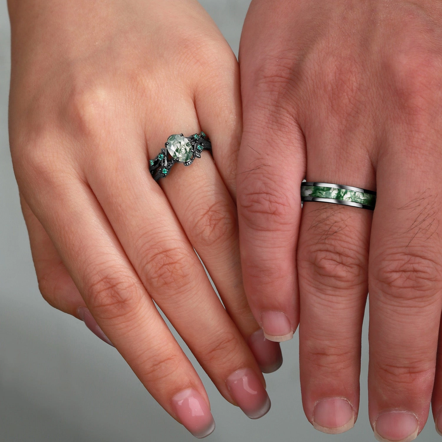Simple Look Nature Inspired - Oval Cut Moss Agate Leafy Black Gold Couple Ring Set 3pcs - Mossy