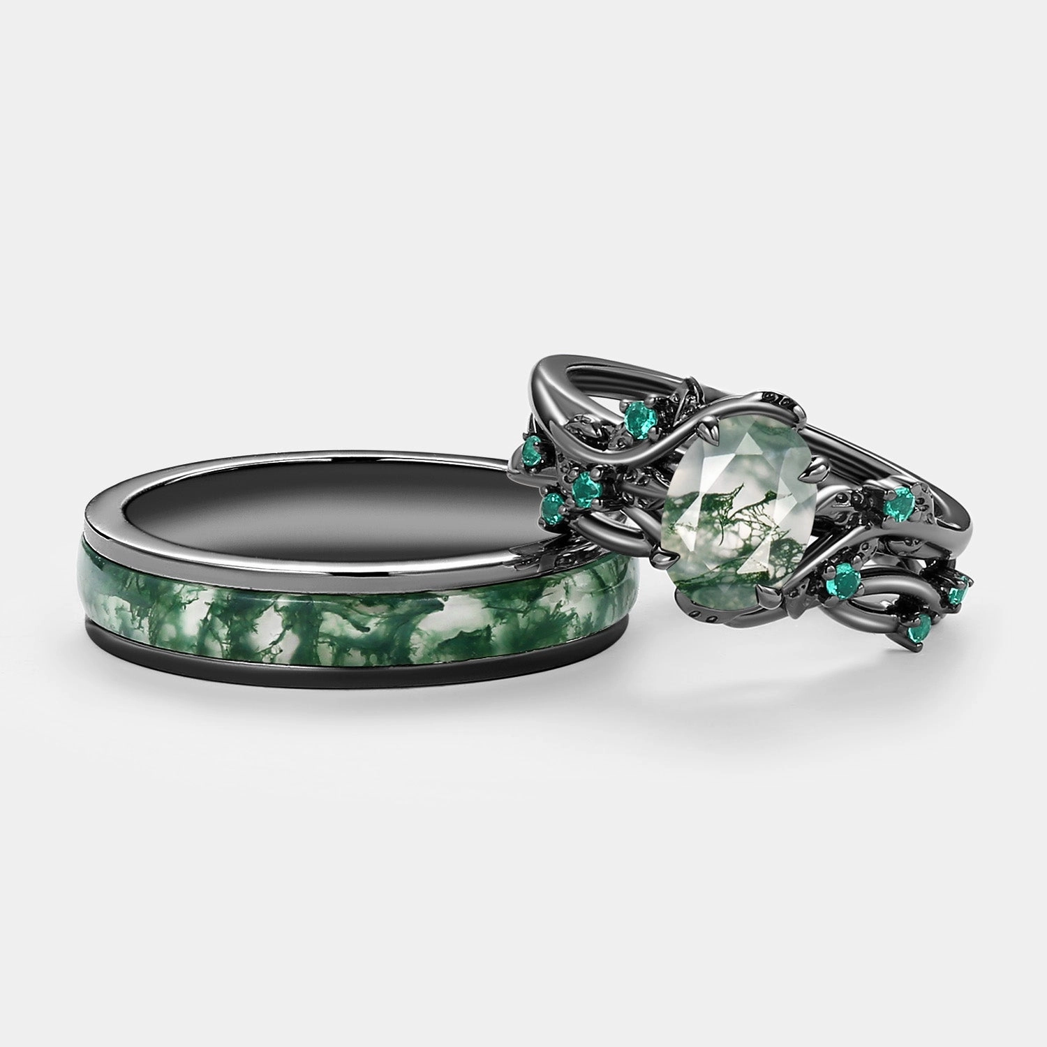Artistic Product Nature Inspired - Oval Cut Moss Agate Leafy Black Gold Couple Ring Set 3pcs - Mossy