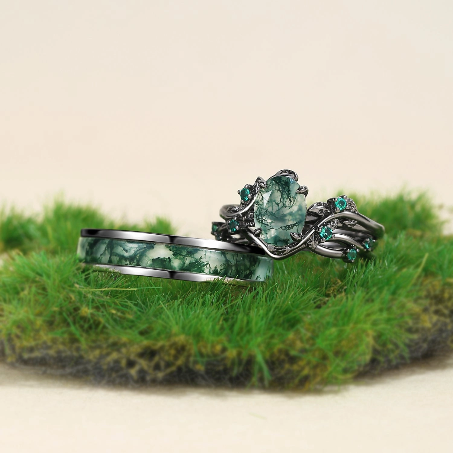 Simple Accent Nature Inspired - Oval Cut Moss Agate Leafy Black Gold Couple Ring Set 3pcs - Mossy