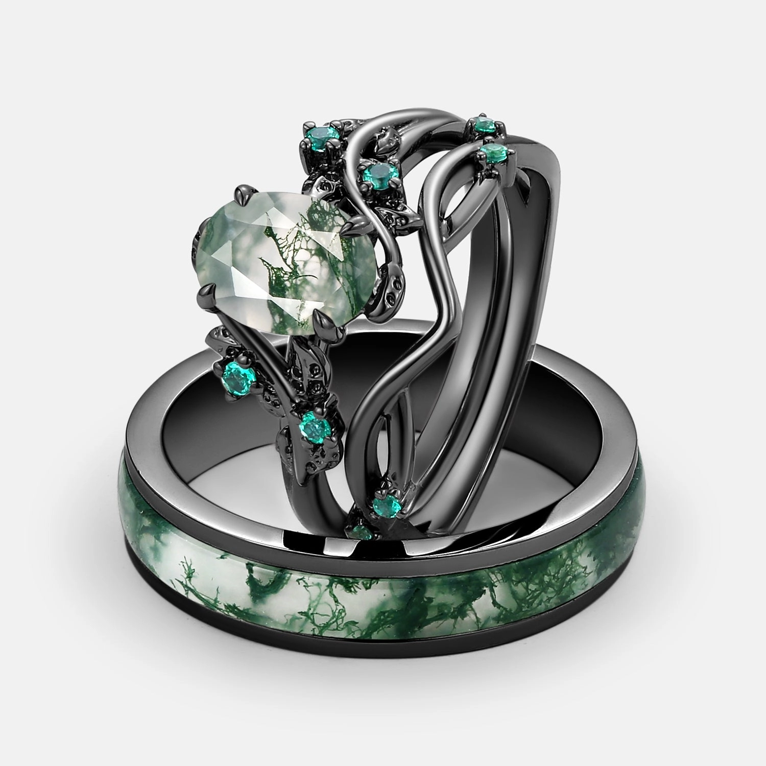 decorative item Nature Inspired - Oval Cut Moss Agate Leafy Black Gold Couple Ring Set 3pcs - Mossy