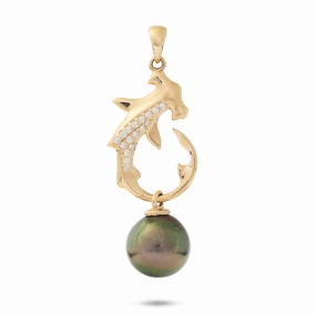 Ocean Dance Hammerhead Shark Tahitian Black Pearl Pendant in Gold with Diamonds Minimalist Piece Instant Style