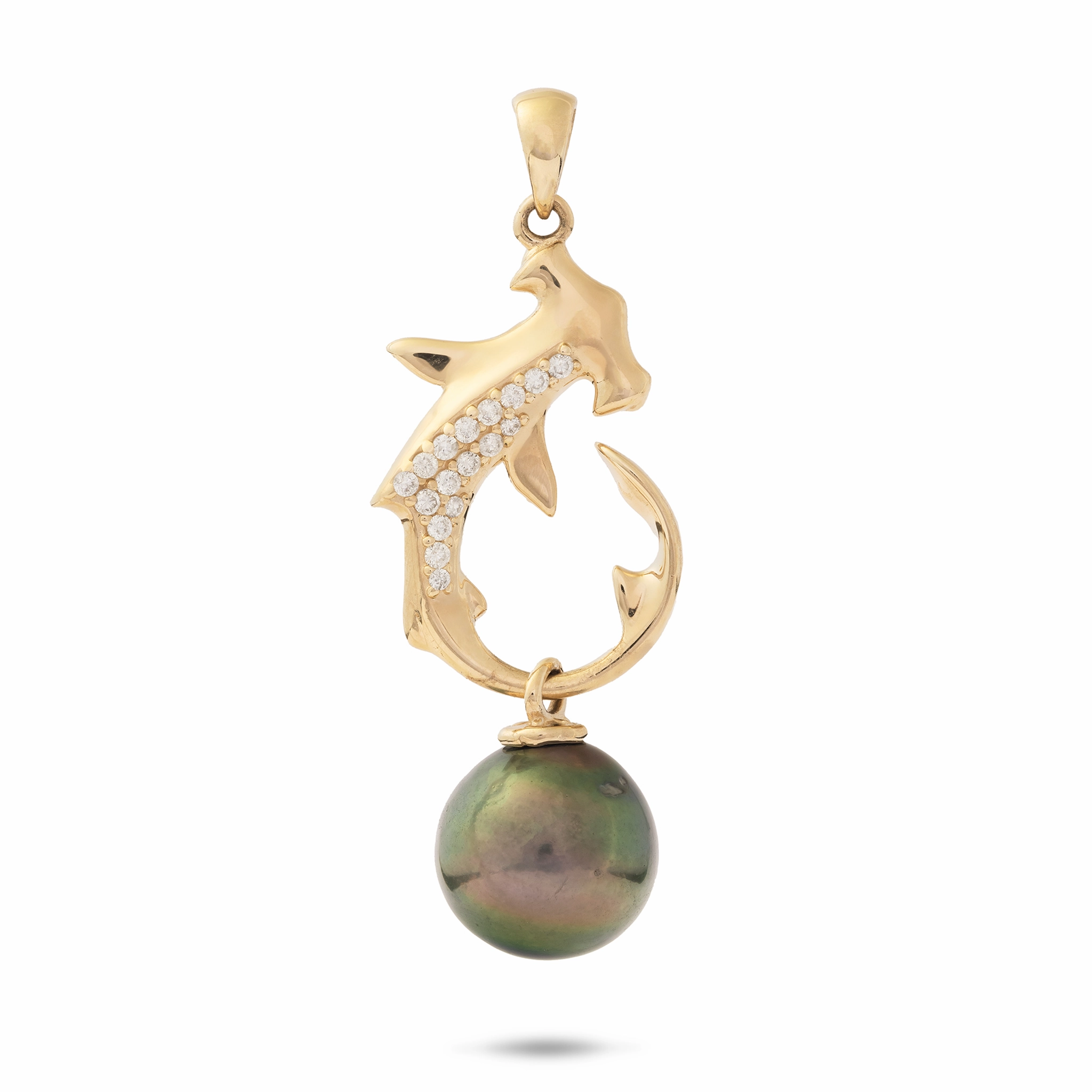 Ocean Dance Hammerhead Shark Tahitian Black Pearl Pendant in Gold with Diamonds Classic Fashion Chic Highlight