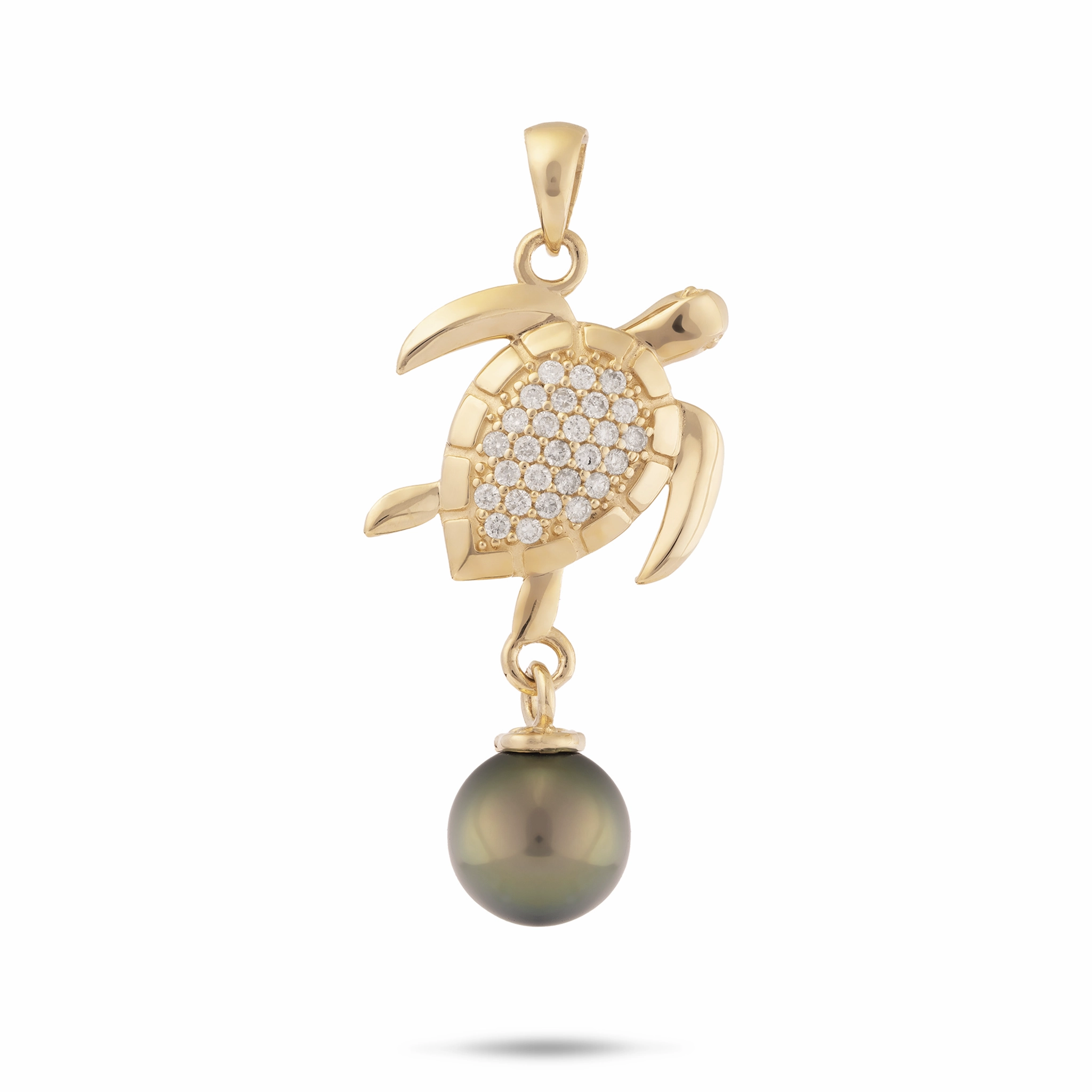 Ocean Dance Honu (Sea Turtle) Tahitian Black Pearl Pendant in Gold with Diamonds - 9-10mm Effortless Shine