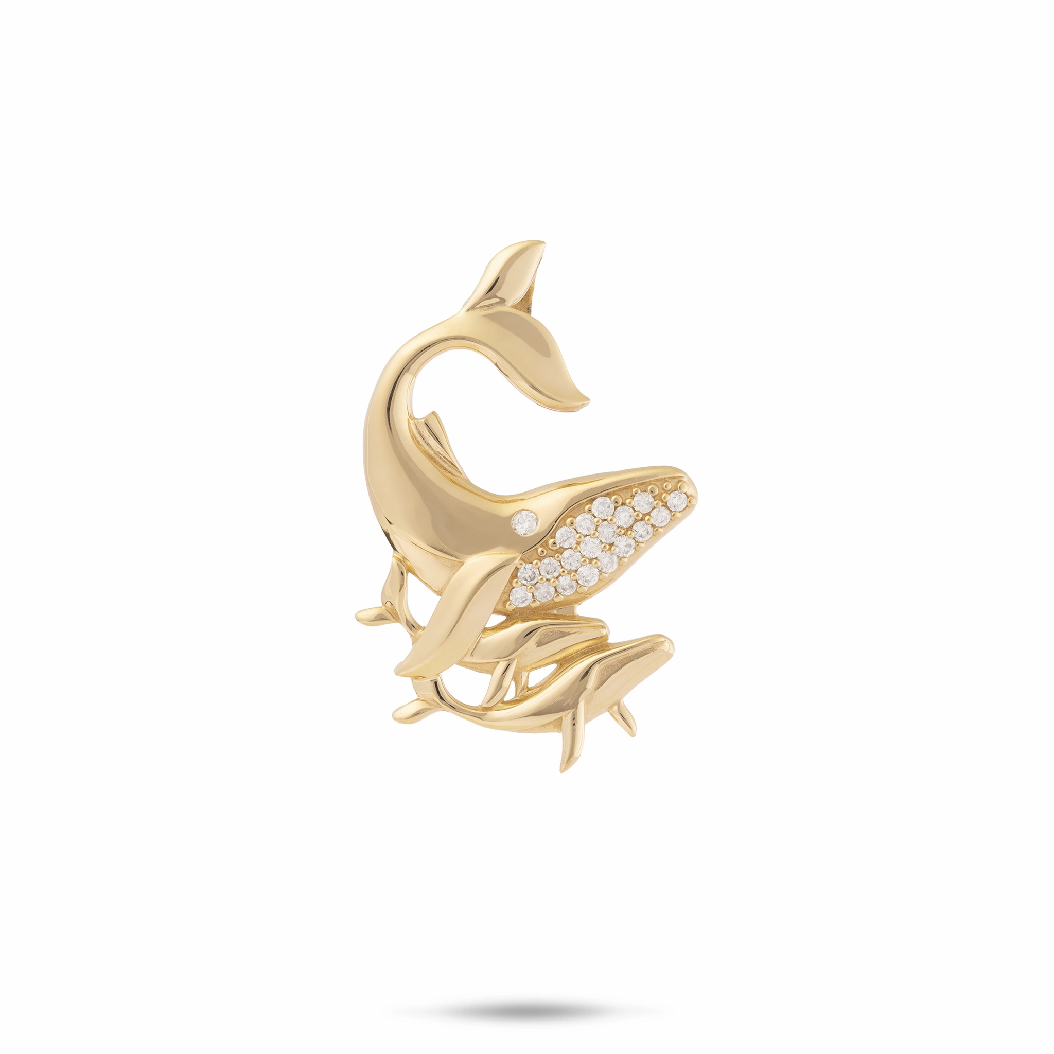 Ocean Dance Humpback Whale Mother & Babies Pendant in Gold with Diamonds - 25mm Shiny Details Radiant Form