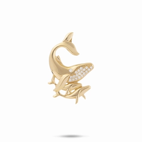 Ocean Dance Humpback Whale Mother & Babies Pendant in Gold with Diamonds - 25mm Shiny Details Radiant Form