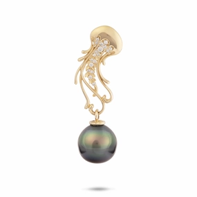 Ocean Dance Jellyfish Tahitian Black Pearl Pendant in Gold with Diamonds - 9-10mm Timeless Charm Smooth Spark