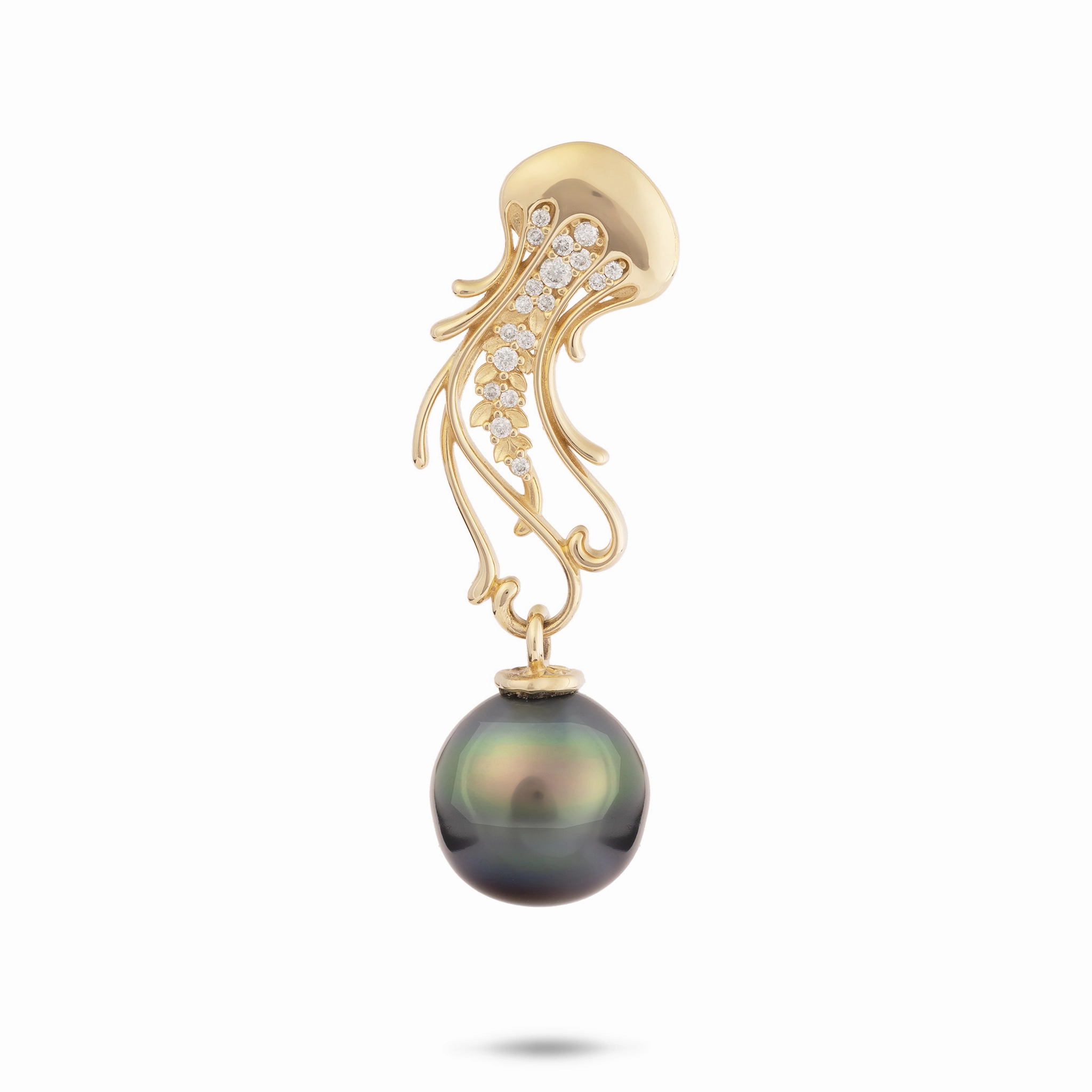 Ocean Dance Jellyfish Tahitian Black Pearl Pendant in Gold with Diamonds - 9-10mm Timeless Charm Smooth Spark